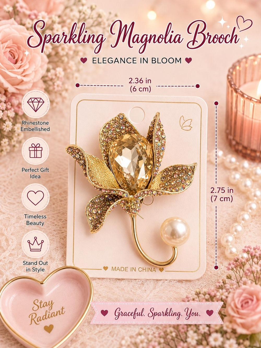 Sparkling Magnolia Brooch - Gold Crystal Floral Pin